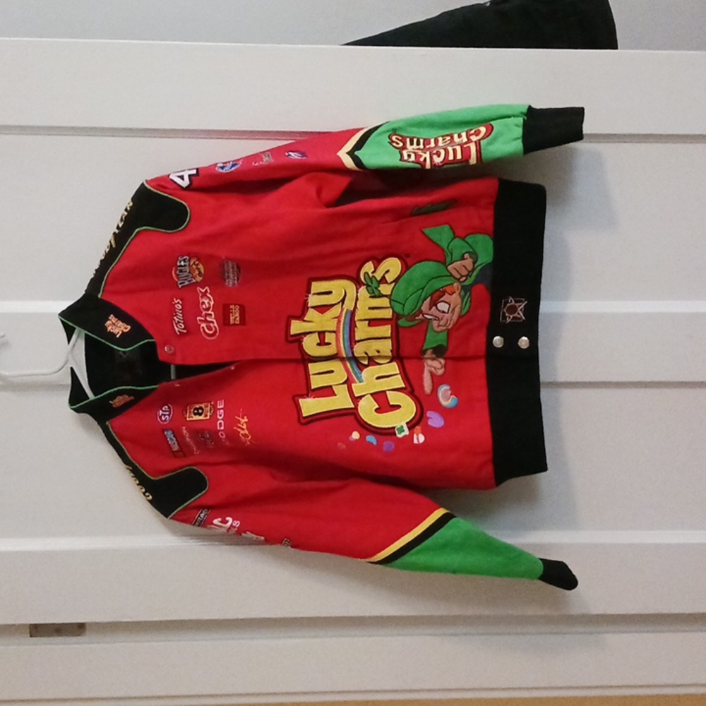 Lucky charms kids coat. RACE CAR style with lots of logos of other companies.